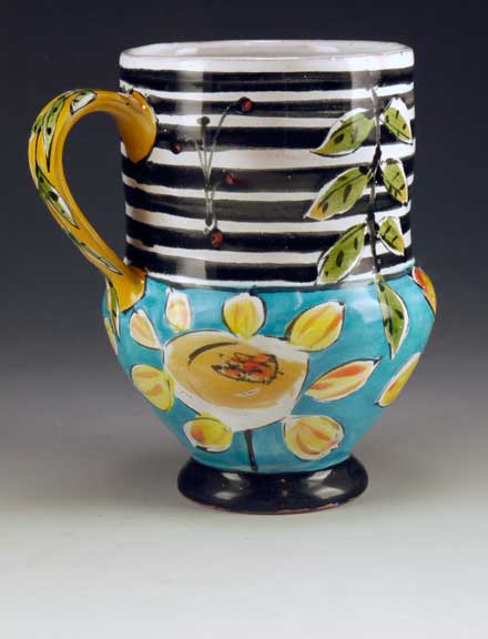 Linda Arbuckle. Cup with Sunflowers w Striped Top. Majolica on terracotta. 2012